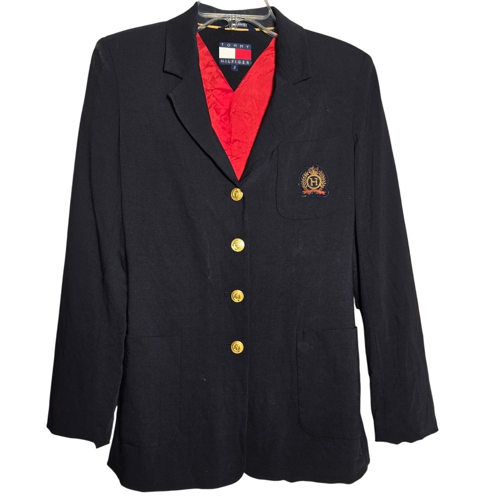 Vtg Tommy Hilfiger Womens Navy Blue Wool‎ Blend Crest Blazer Gold Buttons Size 2